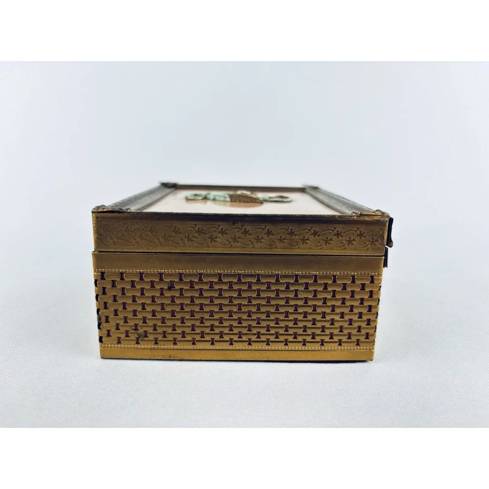 Vintage Metal Brass Jewelry Box With Floral Insert - Trinket Keeper
